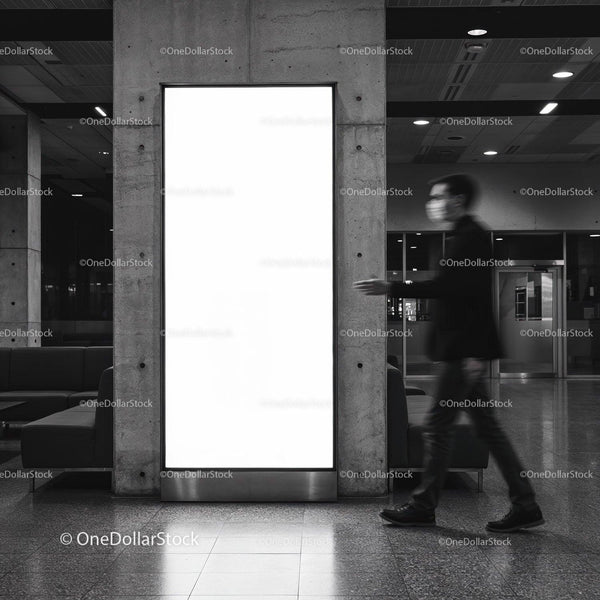 Blurred man walking past large illuminated billboard indoors JPG Mockup Image