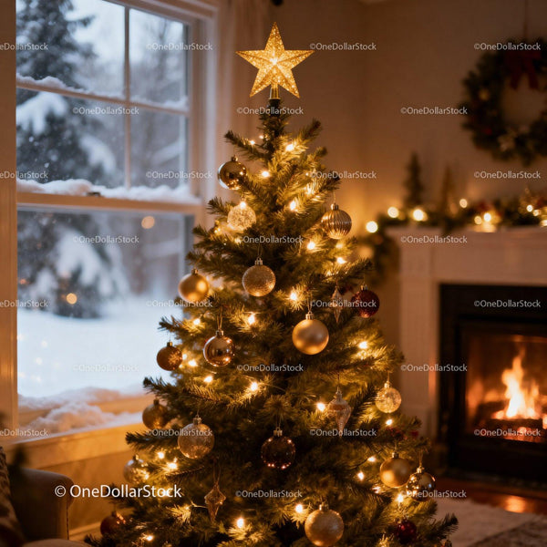 Cozy living room with decorated Christmas tree and fireplace