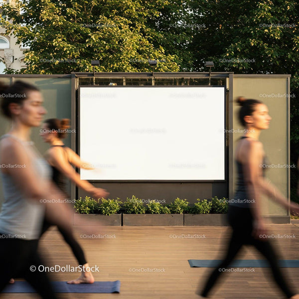 Group practicing yoga in outdoor urban space JPG Mockup Image