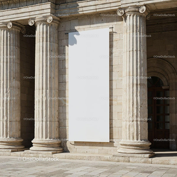 Blank Vertical Banner on Historic Stone Building Facade JPG Mockup Image
