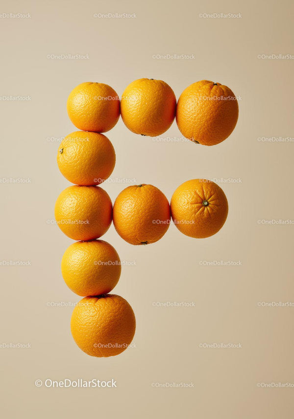 Fresh oranges arranged to form the letter F on beige