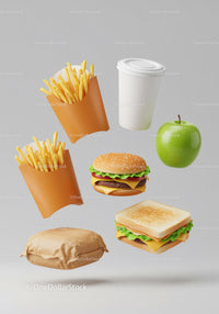 Variety of fast food items floating on light background