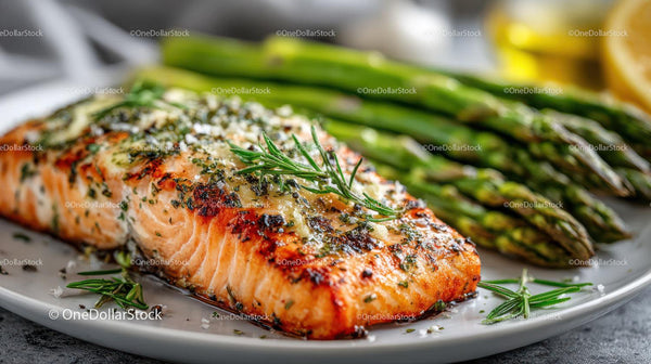 Herb Garnished Salmon Fillet with Grilled Asparagus and Lemon Slices