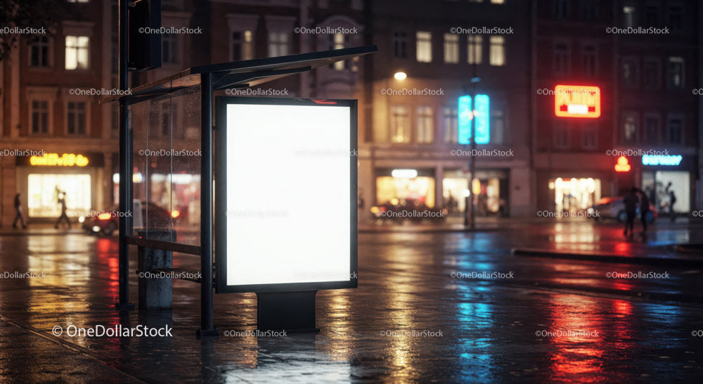 Night City Street with Illuminated Bus Stop and Neon Signs