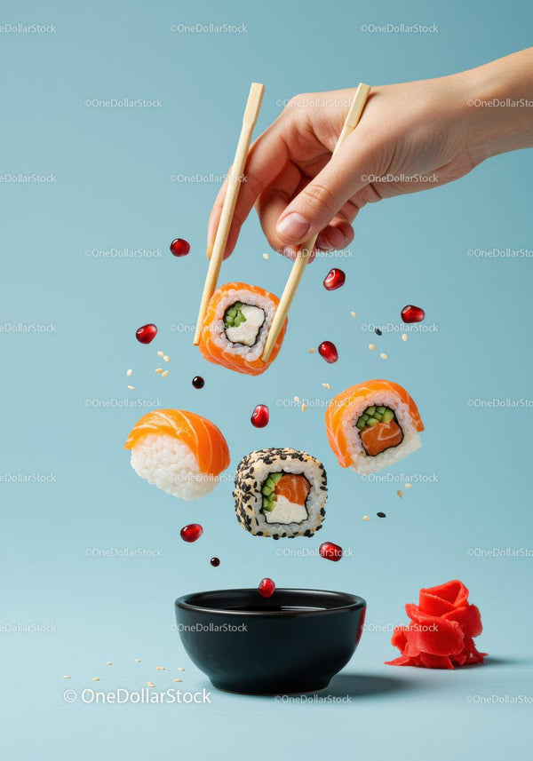 Fresh sushi rolls lifted with chopsticks over soy sauce bowl