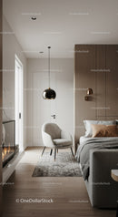 Cozy modern bedroom corner with armchair and fireplace