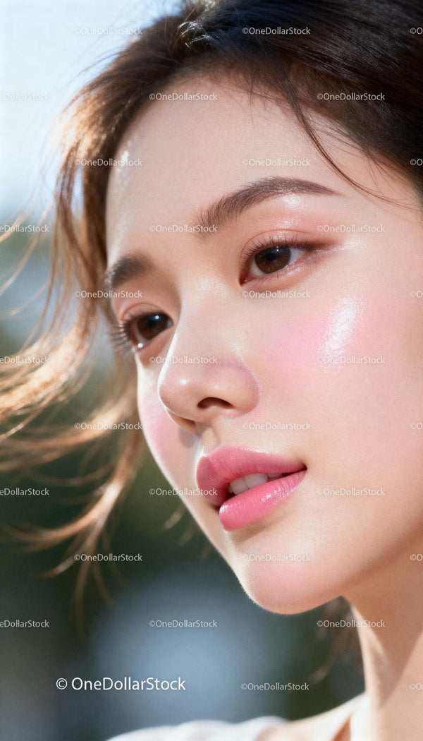 Close-up of woman with glowing natural makeup outdoors