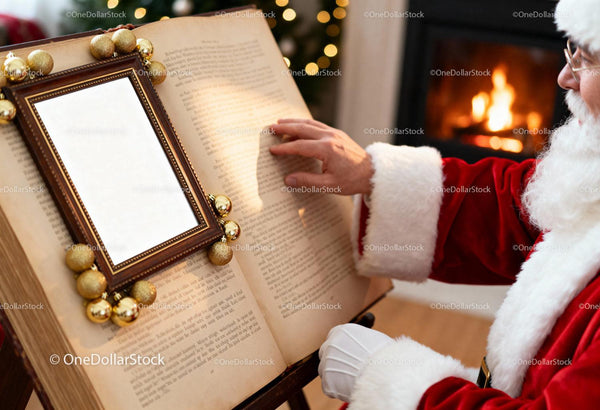 Santa Claus Reading from a Large Antique Book by Fireplace