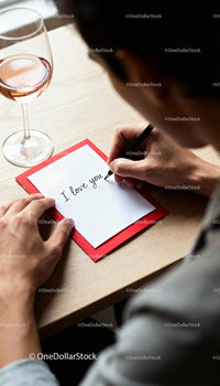Man Writing Romantic Love Note with Wine Glass Nearby