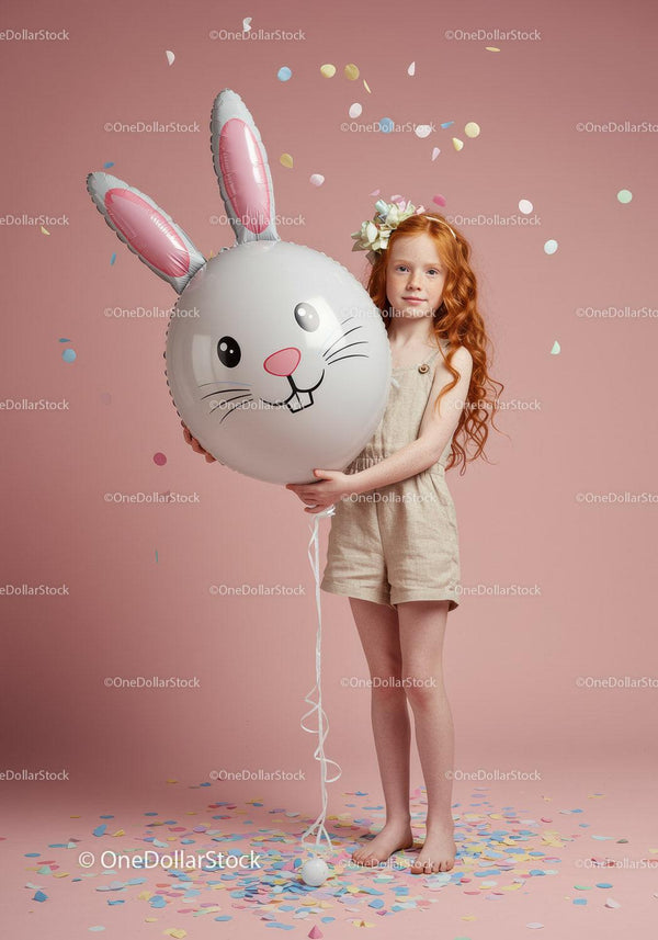 Ruda dziewczynka trzymająca balon z królikiem w deszczu konfetti