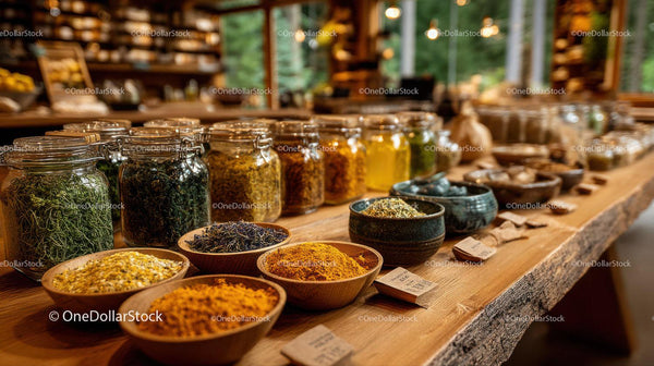 Herb and Spice Collection in Glass Jars and Wooden Bowls