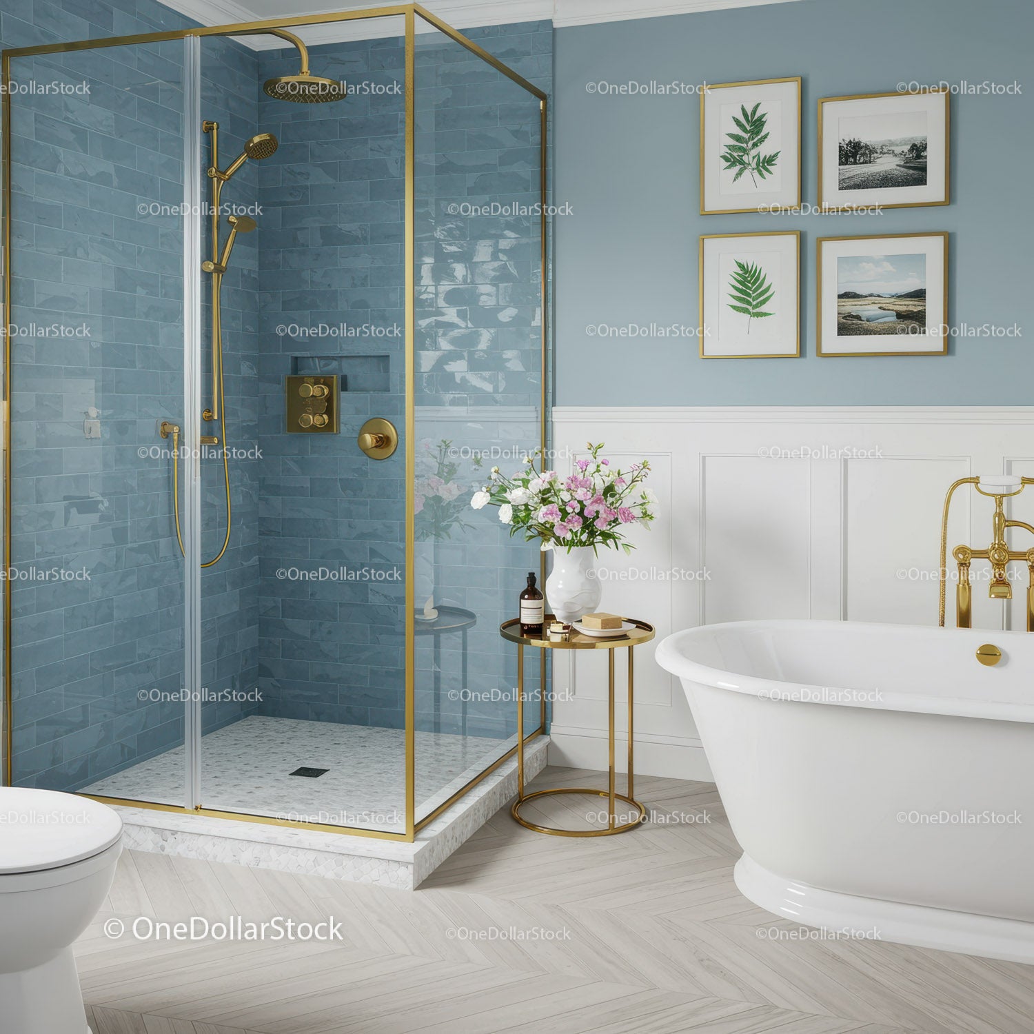 Elegant bathroom with blue tiles and gold accents