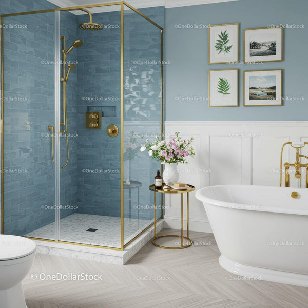 Elegant bathroom with blue tiles and gold accents