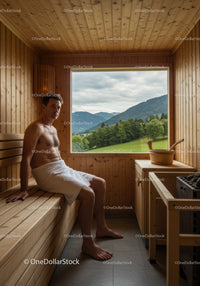 Relaxing Man Sitting in Sauna with Mountain View and Wooden Interior