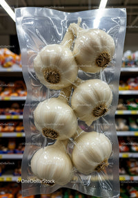 Vacuum Packed Fresh Garlic Bulbs in Grocery Store