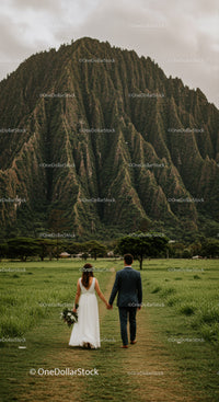 Romantic Wedding Couple Walking in Scenic Green Mountain Landscape
