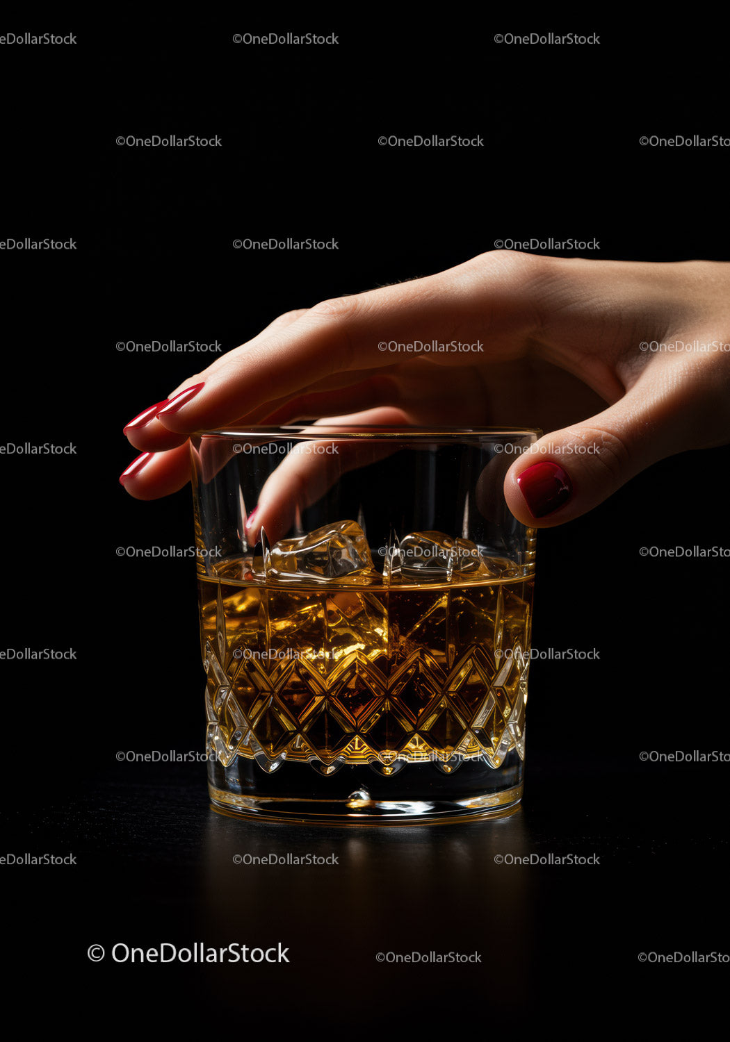 Ręka z czerwonymi paznokciami trzymająca szklankę whisky na czarnym tle