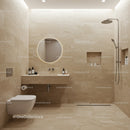 Modern beige marble bathroom with walk-in shower and circular LED mirror