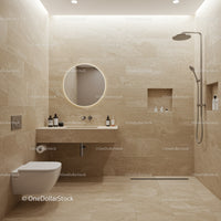 Modern beige marble bathroom with walk-in shower and circular LED mirror