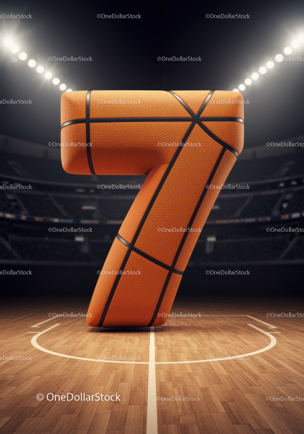 Number seven shaped like a basketball on court