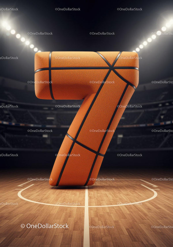 Number seven shaped like a basketball on court