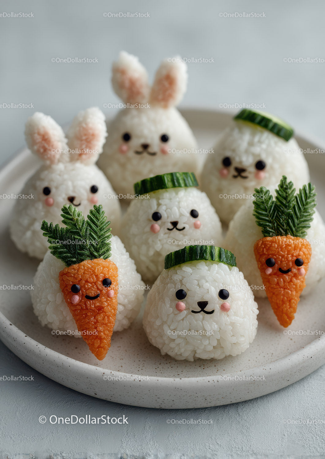 Cute Bunny and Carrot Rice Balls with Vegetables and Greens