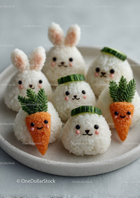 Cute Bunny and Carrot Rice Balls with Vegetables and Greens