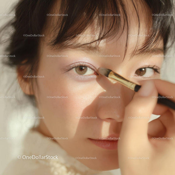 Close-up of Woman Applying Pink Eyeshadow with Brush for Beauty Makeup