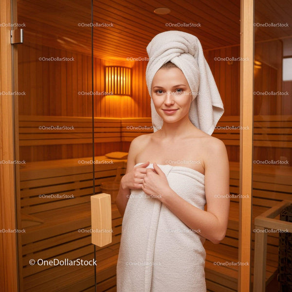 Młoda kobieta owinięta ręcznikiem w saunie ciesząca się relaksem i wellness