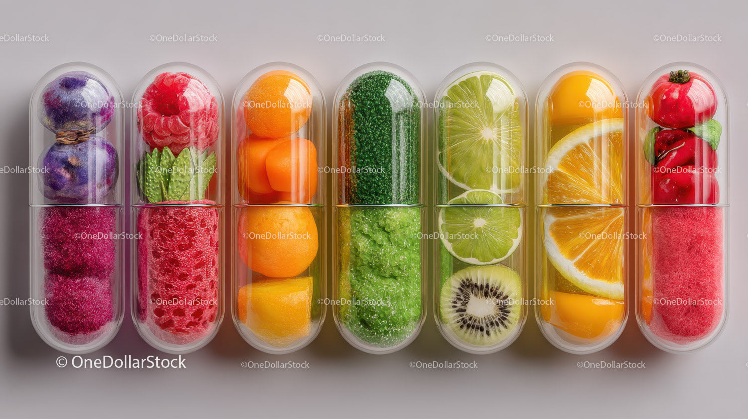 Colorful Assorted Fruit Capsules with Slices and Whole Fruits