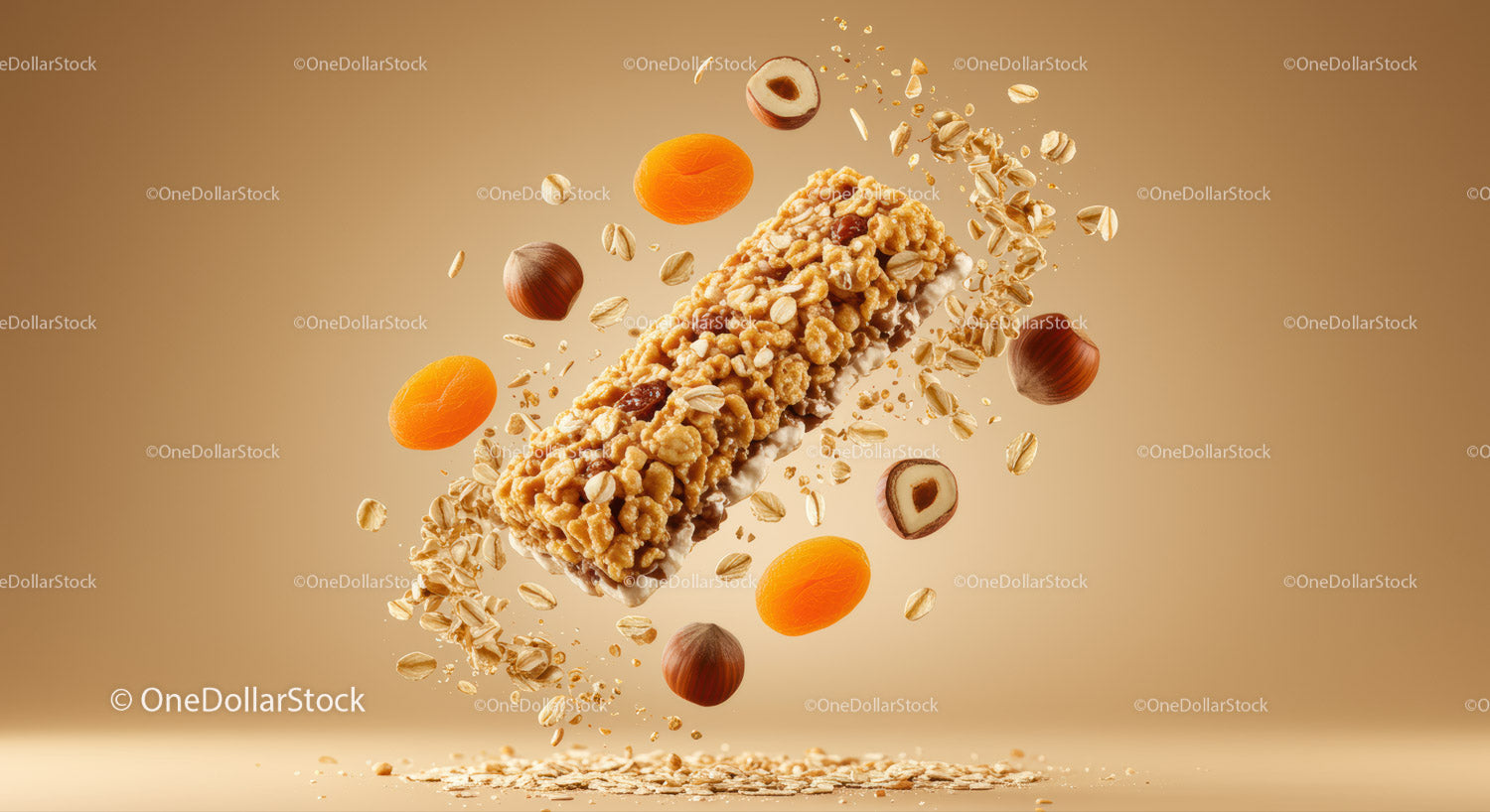Chrupiący batonik granola otoczony orzechami i suszonymi morelami