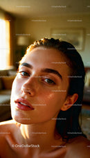 Natural close-up of glowing youthful skin with wet hair
