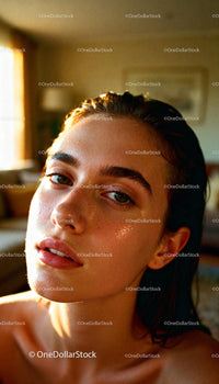 Natural close-up of glowing youthful skin with wet hair