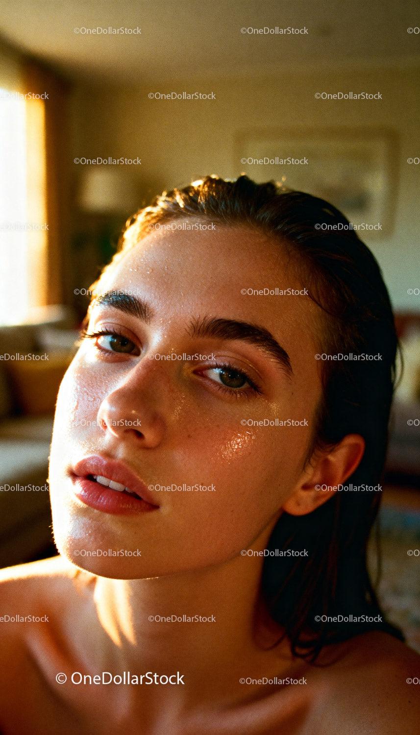 Natural close-up of glowing youthful skin with wet hair