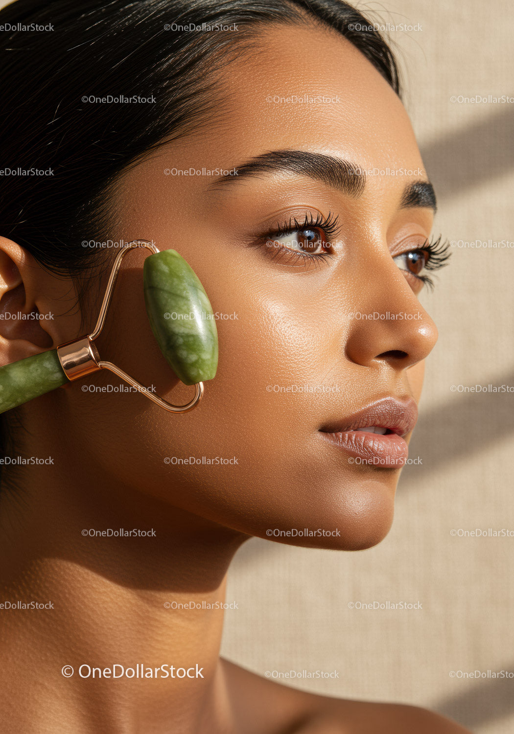 Close-up of Woman with Glowing Skin and Brown Eyes for Beauty Advertising