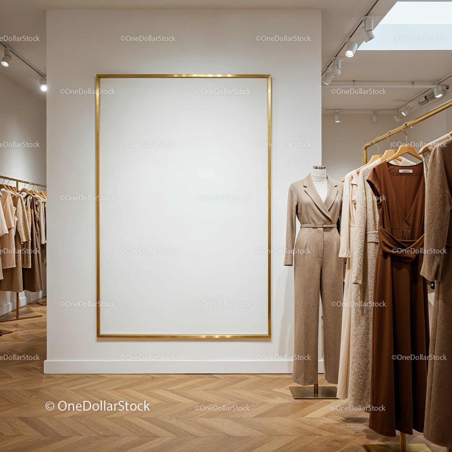 Modern boutique interior with beige and brown clothing