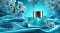 Refreshing Cosmetic Jar with Cherry Blossoms on Blue Silk