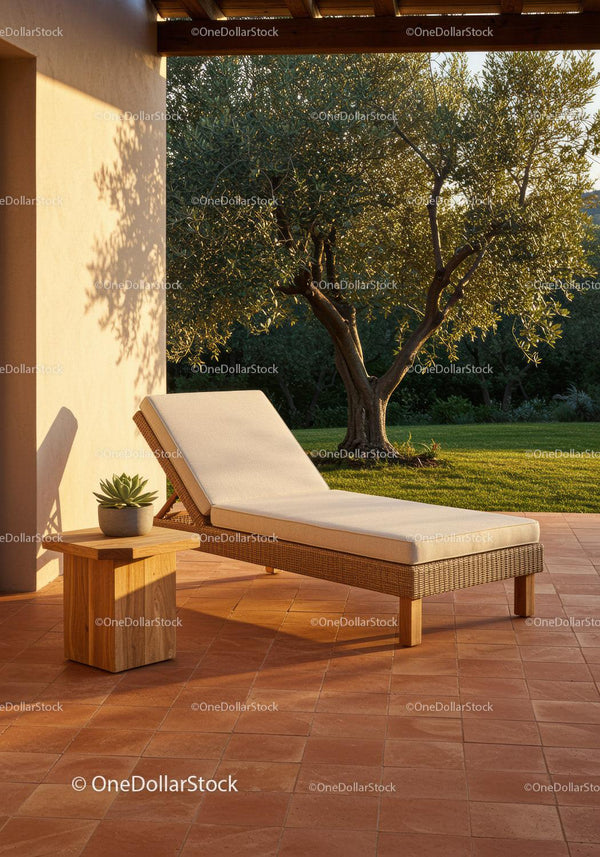 Outdoor Lounge Chair with Cushions and Green Garden Setting