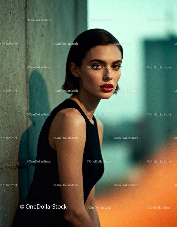 Elegant woman with glossy lips posing by wall