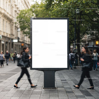 Busy urban street with blank billboard and moving pedestrians