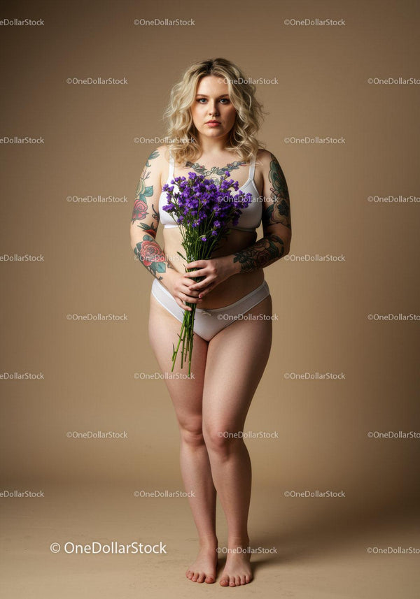 Confident Curvy Woman with Tattoos Holding Purple Flower Bouquet Studio Portrait