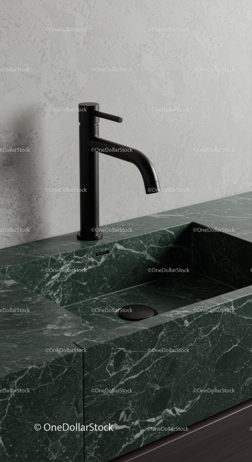 Black Faucet Over Green Marble Sink in Modern Minimalist Bathroom