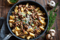 Beef Stroganoff with Mushrooms and Fettuccine on Wooden Table