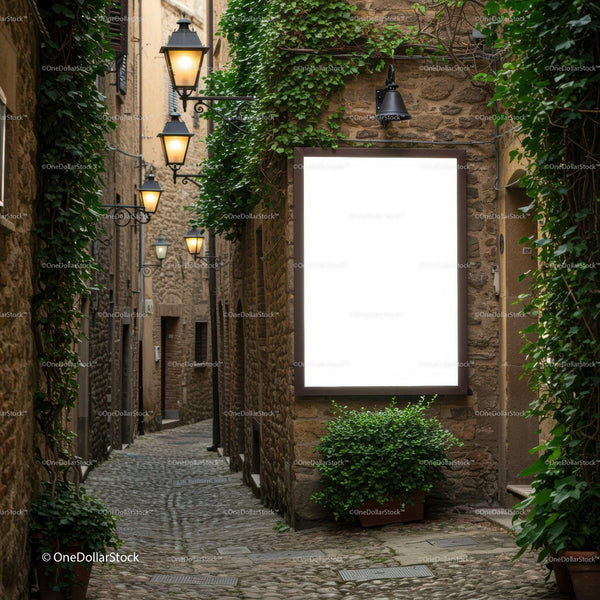 Cozy Narrow Street with Vintage Lanterns and Blank Signboard JPG Mockup Image