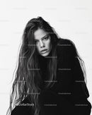 Elegant Black and White Female Portrait with Long Wavy Hair