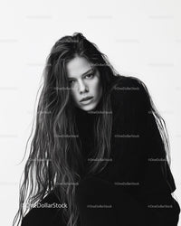 Elegant Black and White Female Portrait with Long Wavy Hair