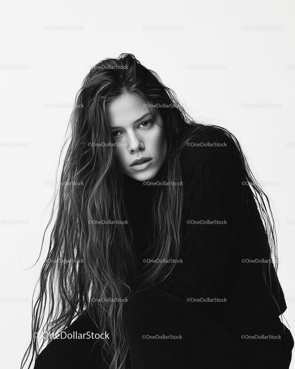 Elegant Black and White Female Portrait with Long Wavy Hair