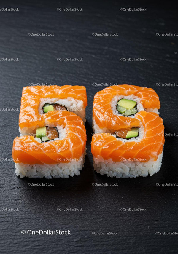 Sushi Rolls Shaped as Number 55 on Black Slate
