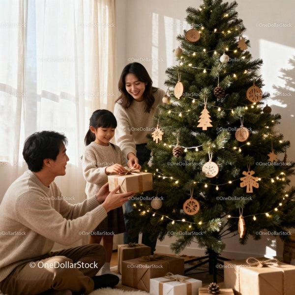 Family exchanging gifts by a cozy Christmas tree