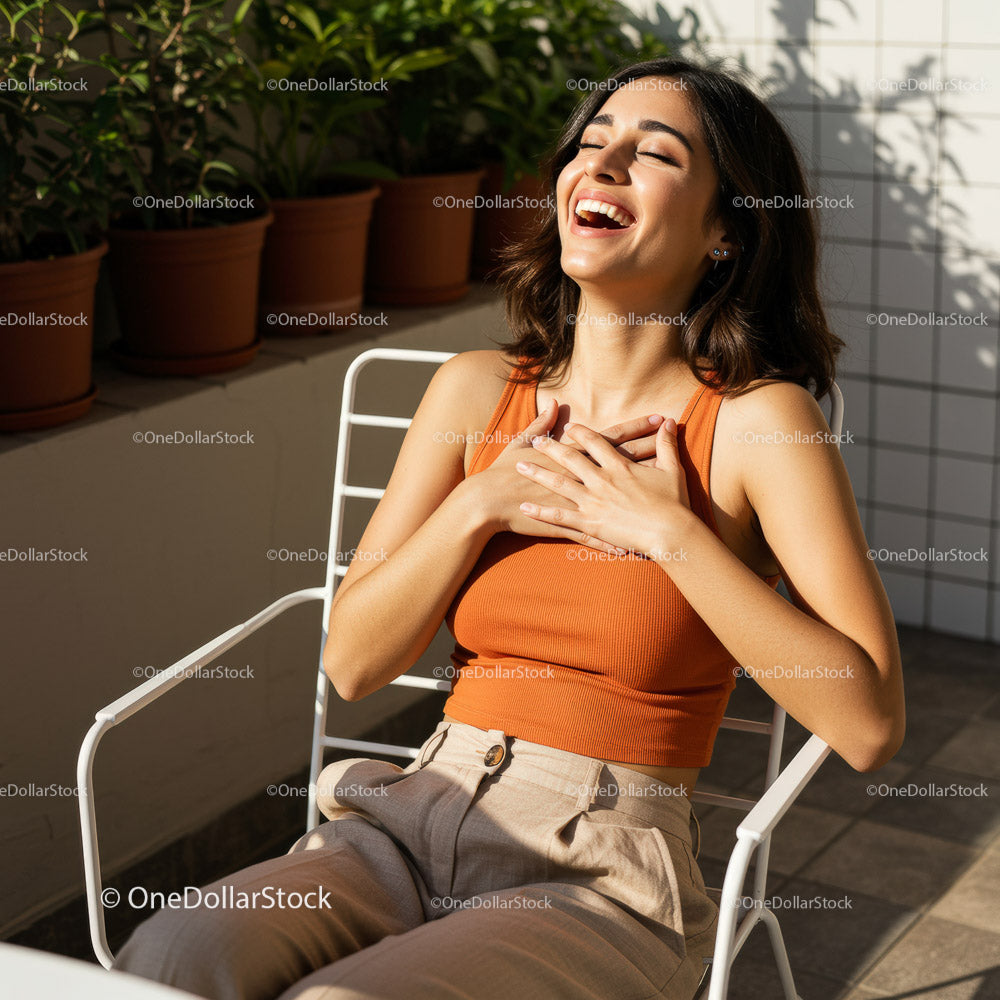 Joyful Woman Laughing in a Bright Outdoor Setting